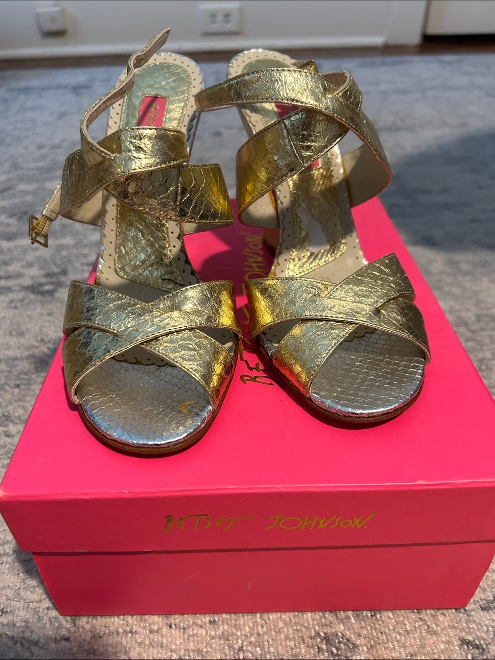 Betsey Johnson Metallic Gold Crisscross Strap Heels